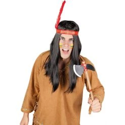 MICA Festival Langhaarperücke Für Erwachsene - Amerikanische Ureinwohner - Mit Stirnband Und Feder